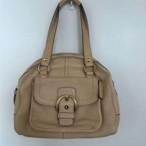 Coach Beige Leather Shoulder Bag with Front Buckle